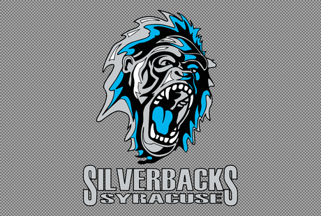 Graphic of an aggressively roaring gorilla with blue and gray accents above the text, "Silverbacks Syracuse" in bold font.