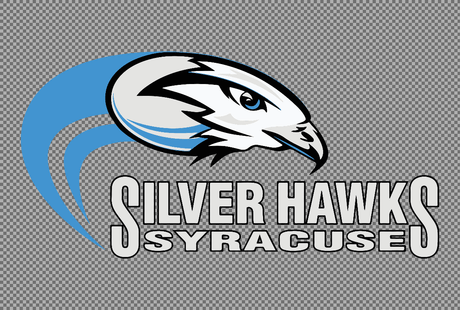 Logo of the Silver Hawks Syracuse, featuring the head of a hawk with blue and grey colors and stylized text below.