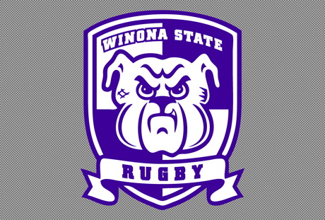 Logo of Winona State Rugby featuring a fierce bulldog in purple and white with a banner below the bulldog's face.