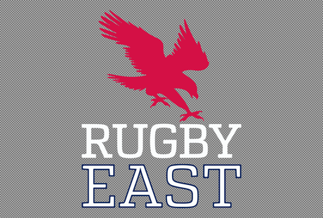 A red hawk in flight above the words "Rugby East" on a gray background.