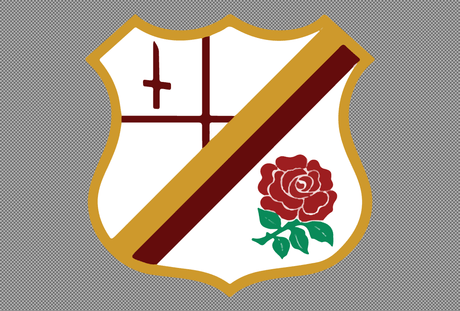 A shield-shaped emblem with a brown diagonal stripe, a vertical and horizontal line with a brown cross on the upper left, and a red rose with green leaves on the lower right, outlined in gold.