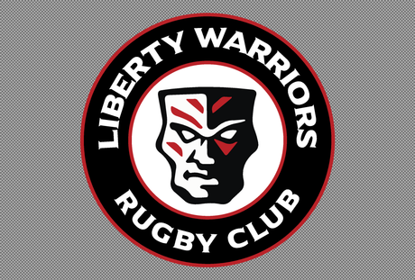 Logo of Liberty Warriors Rugby Club featuring a stylized face with red markings inside a black, red, and white circular emblem.