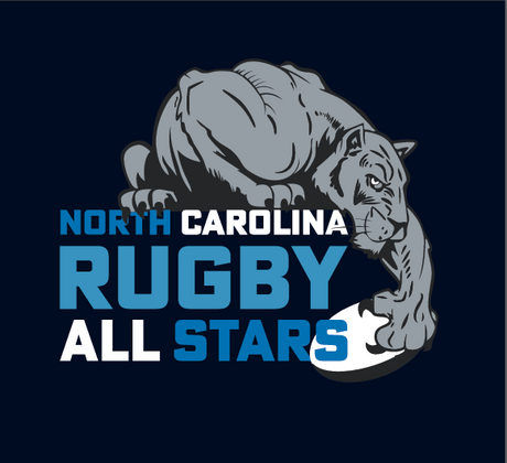 Illustration of a stylized panther gripping a rugby ball, with the text "North Carolina Rugby All Stars" in bold letters.