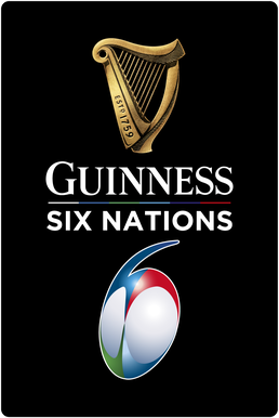 Guinness Six Nations logo featuring a golden harp above the text "Guinness Six Nations" and a rugby ball forming the number six against a black background.