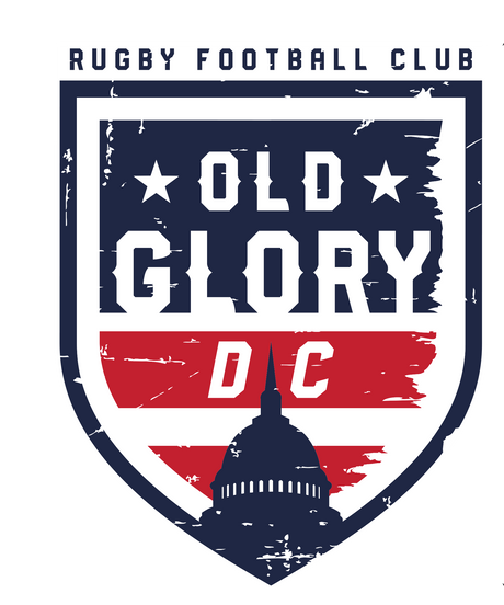 Logo of Old Glory DC Rugby Football Club, featuring text and an illustration of the United States Capitol Building in a shield design.