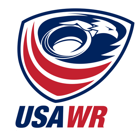 USA Wheelchair Rugby logo featuring an eagle, a stylized rugby ball, and red and blue elements. The bottom text reads "USA WR.