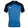 A blue and black short-sleeved sports jersey with the "Canterbury" logo on the chest, this Canterbury Vapodri Evader Jersey features moisture-wicking technology for ultimate performance.