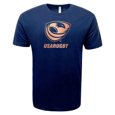 Navy blue USA Rugby Bronze Supersoft T-Shirt by WRS LAT with the Women's Sevens team's logo and the word "USARUGBY" in orange text on the front, celebrating their pursuit of a Bronze Medal.