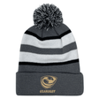 The USA Rugby Bronze Hooped Knit Fold Over Pom-Pom Beanie by EMB Augusta is a gray beanie with white and black stripes, featuring a pom-pom on top and an embroidered USAR logo on the folded brim.