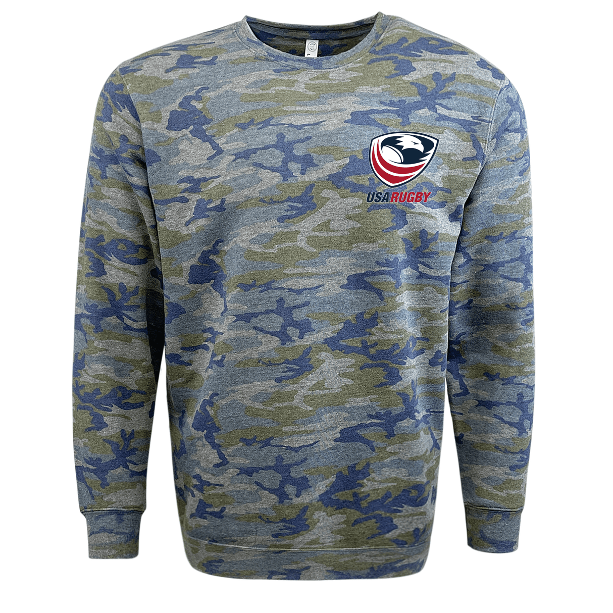 a USA Rugby Camo Edition Crest Logo Crew Sweatshirt by WRS LAT, with a red, white and blue logo.