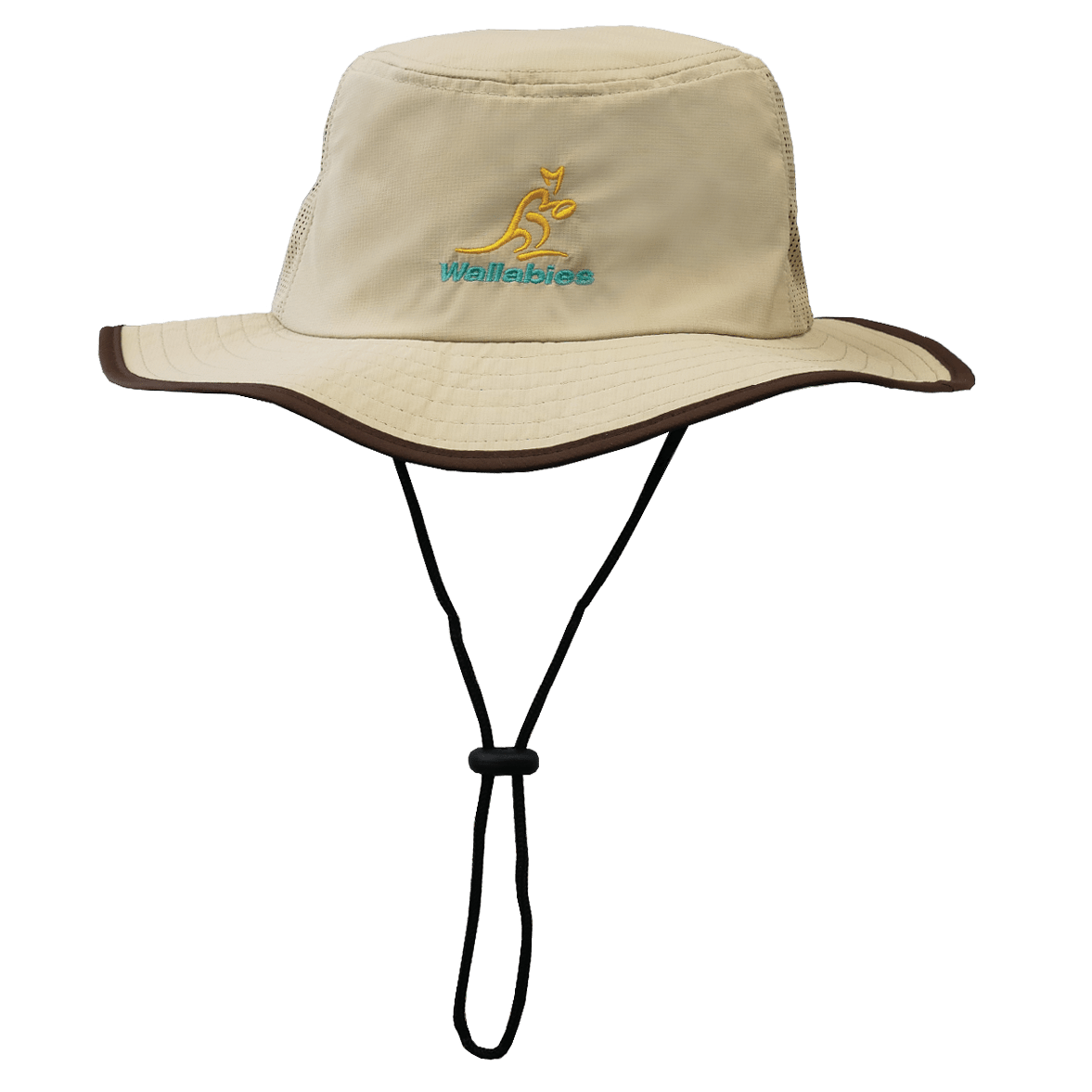 Beige Wallabies Rugby Legend Boonie Hat with an adjustable chin strap and a kangaroo logo embroidery by EMB Augusta.