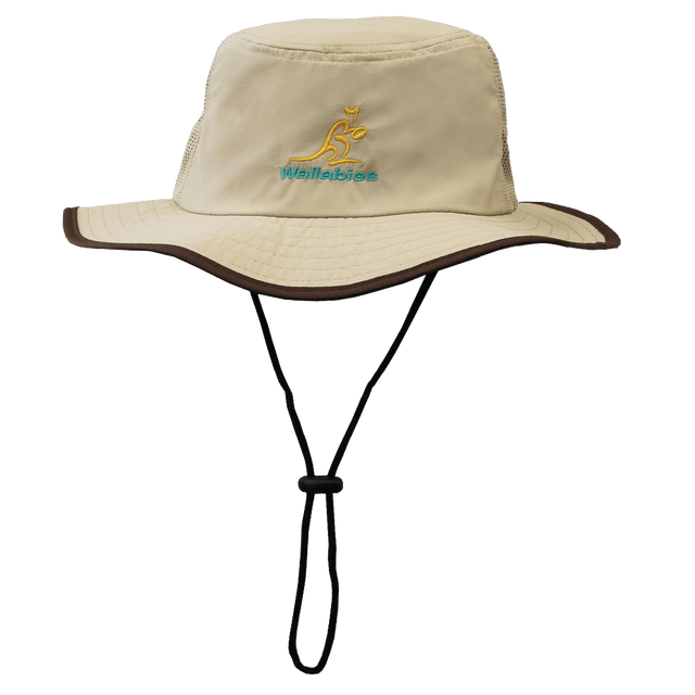 Beige Wallabies Rugby Legend Boonie Hat with an adjustable chin strap and a kangaroo logo embroidery by EMB Augusta.