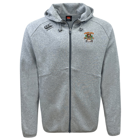 Introducing the Verona Area Rugby Tempo Vapodri Full-Zip Hoodie by EMB Canterbury, a gray zip-up hoodie with moisture-wicking technology, featuring a hood, black drawstrings, and an embroidered chest logo for enhanced style and comfort.