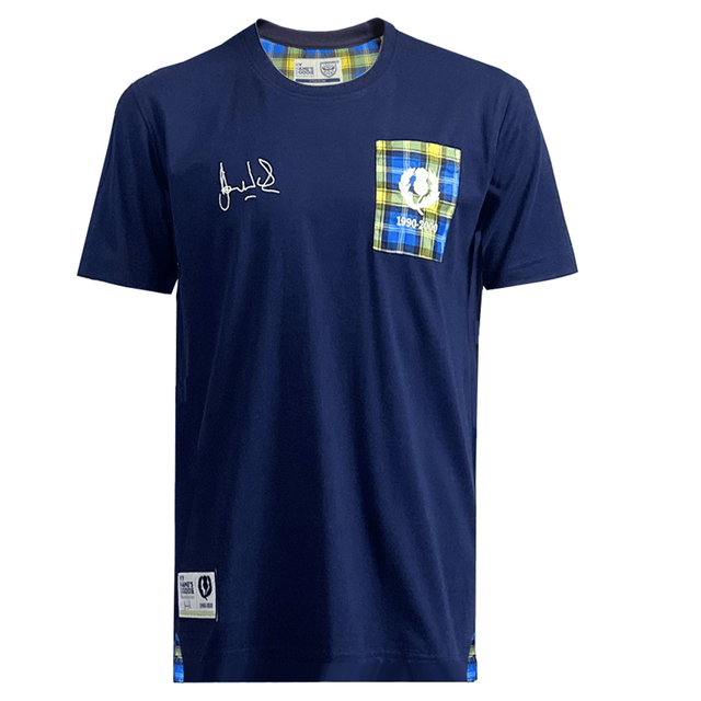 An Ellis Rugby Doddie Weir T-Shirt with a plaid pattern on it.