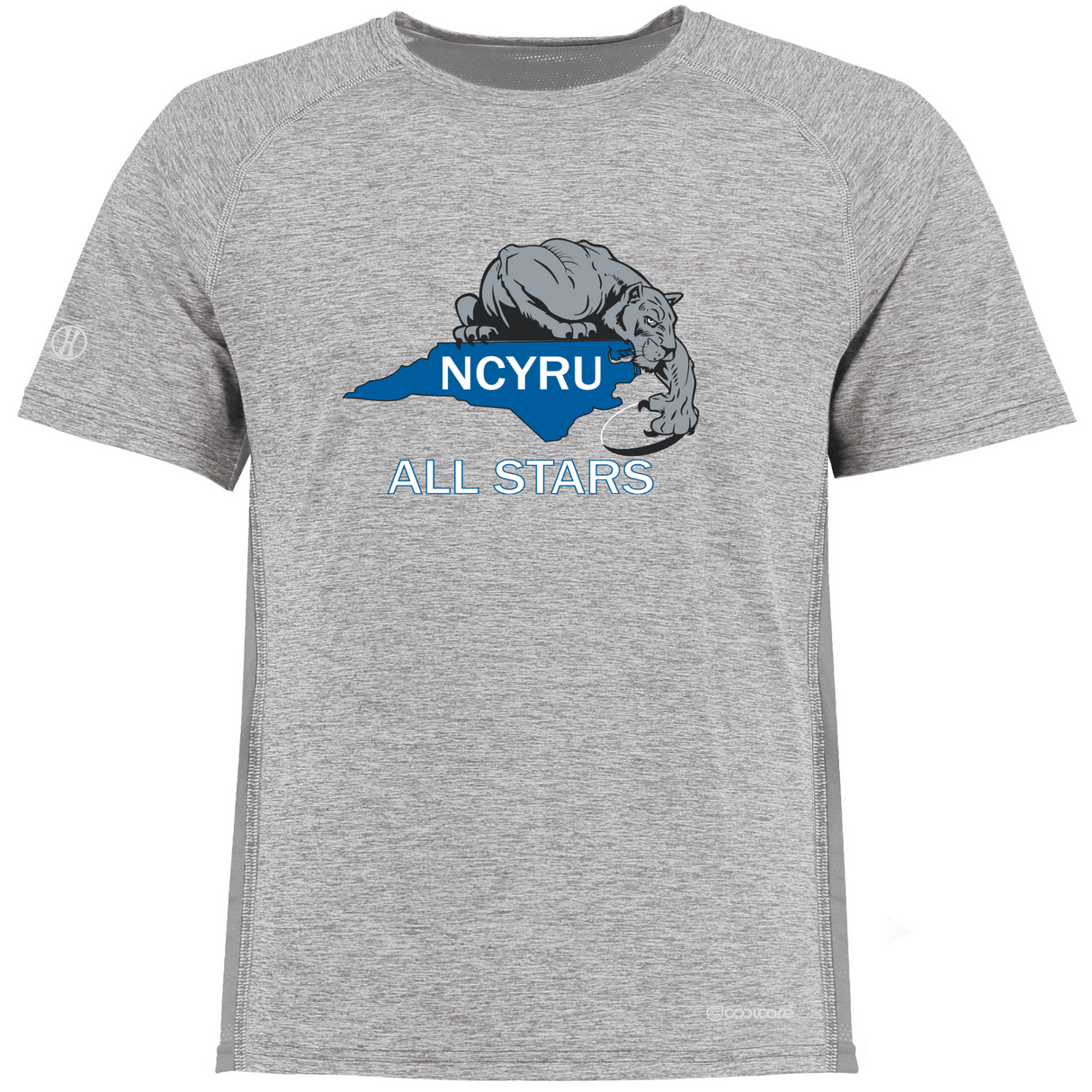 Round neck short sleeve t-shirt with NCYRU All Stars logo in the center.