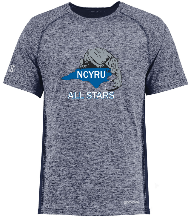 Round neck short sleeve t-shirt with NCYRU All Stars logo in the center.