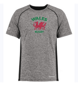 An electrifying grey Nations of Rugby Wales Rugby Electrify Training Tee featuring the Wales rugby logo, designed with Coolcore technology for advanced moisture distribution by WRS Augusta.