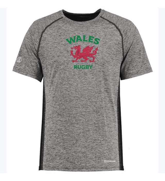 An electrifying grey Nations of Rugby Wales Rugby Electrify Training Tee featuring the Wales rugby logo, designed with Coolcore technology for advanced moisture distribution by WRS Augusta.