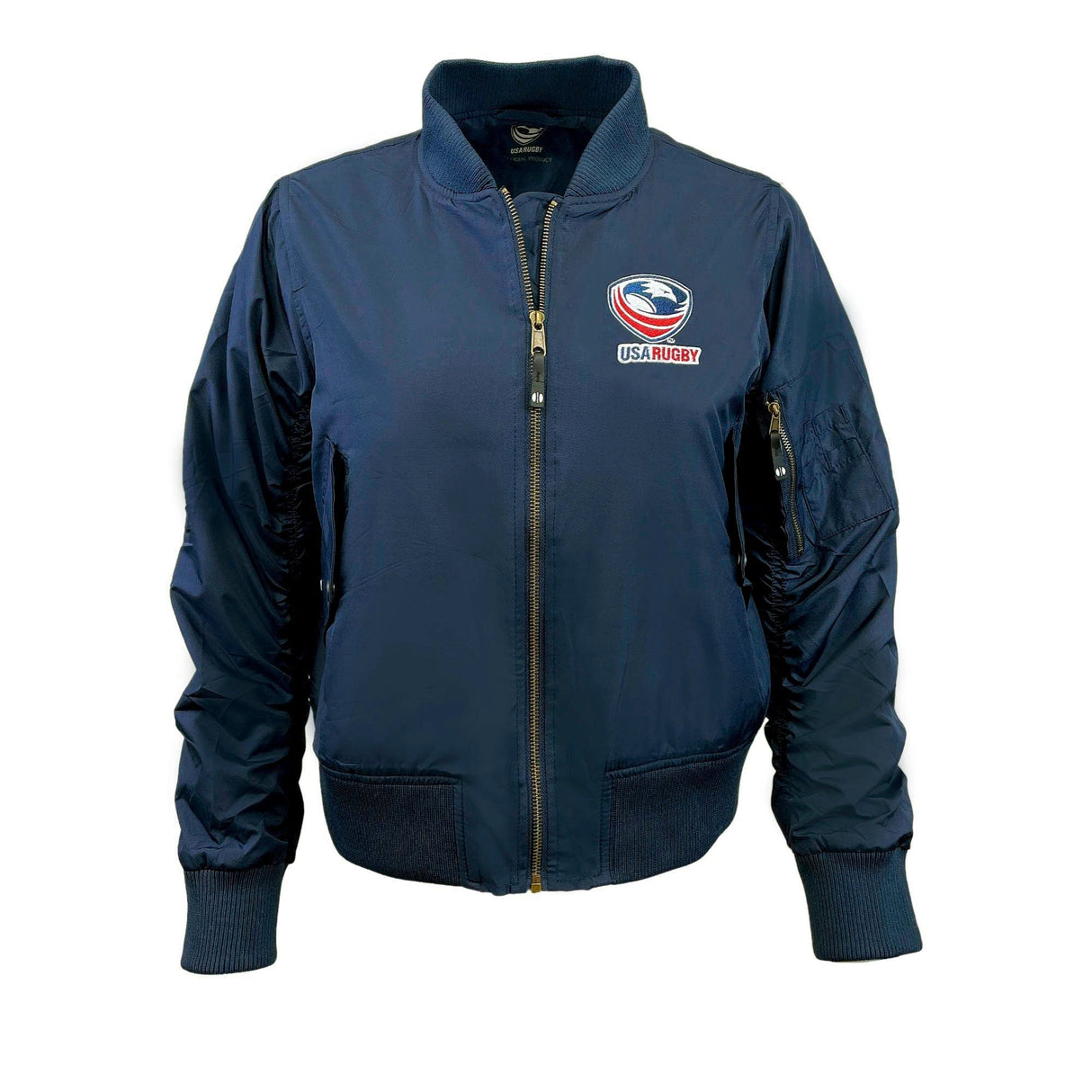 Navy Women's USA Rugby Flight Bomber Jacket by EMB Augusta with a chest logo. Made from lightweight micron fabric, it has a front zipper, quilted storm flap, side pockets, and ribbed cuffs and collar.