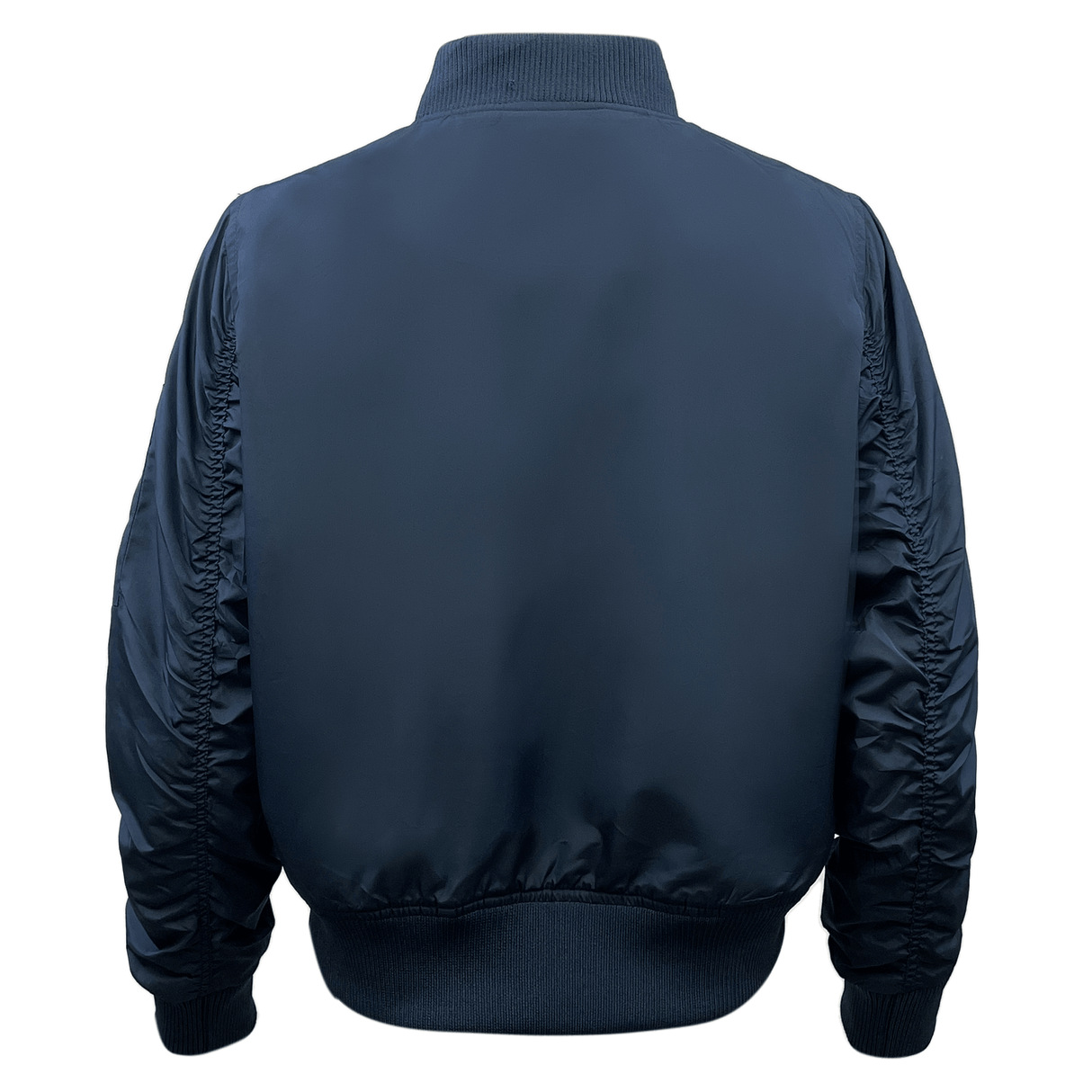 The Women's USA Rugby Flight Bomber Jacket by EMB Augusta is shown from the back, featuring gathered cuffs and a waistband with a smooth, shiny finish. Made with lightweight Micron fabric, it combines style and comfort in navy blue.