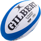 A blue and white Gilbert rugby ball labeled "Gilbert G-TR4000 Training Ball" with size 4.5 specifications, featuring advanced grip technology for enhanced performance during practice sessions.