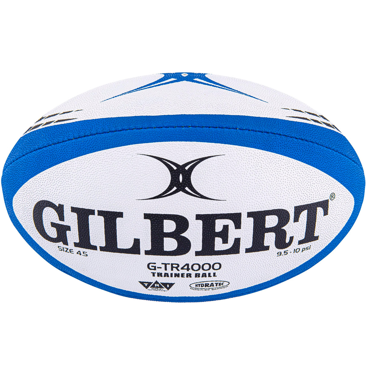 A blue and white rugby ball with "Gilbert" and "G-TR4000 Training Ball" printed on it, featuring advanced grip technology designed for optimal training sessions.