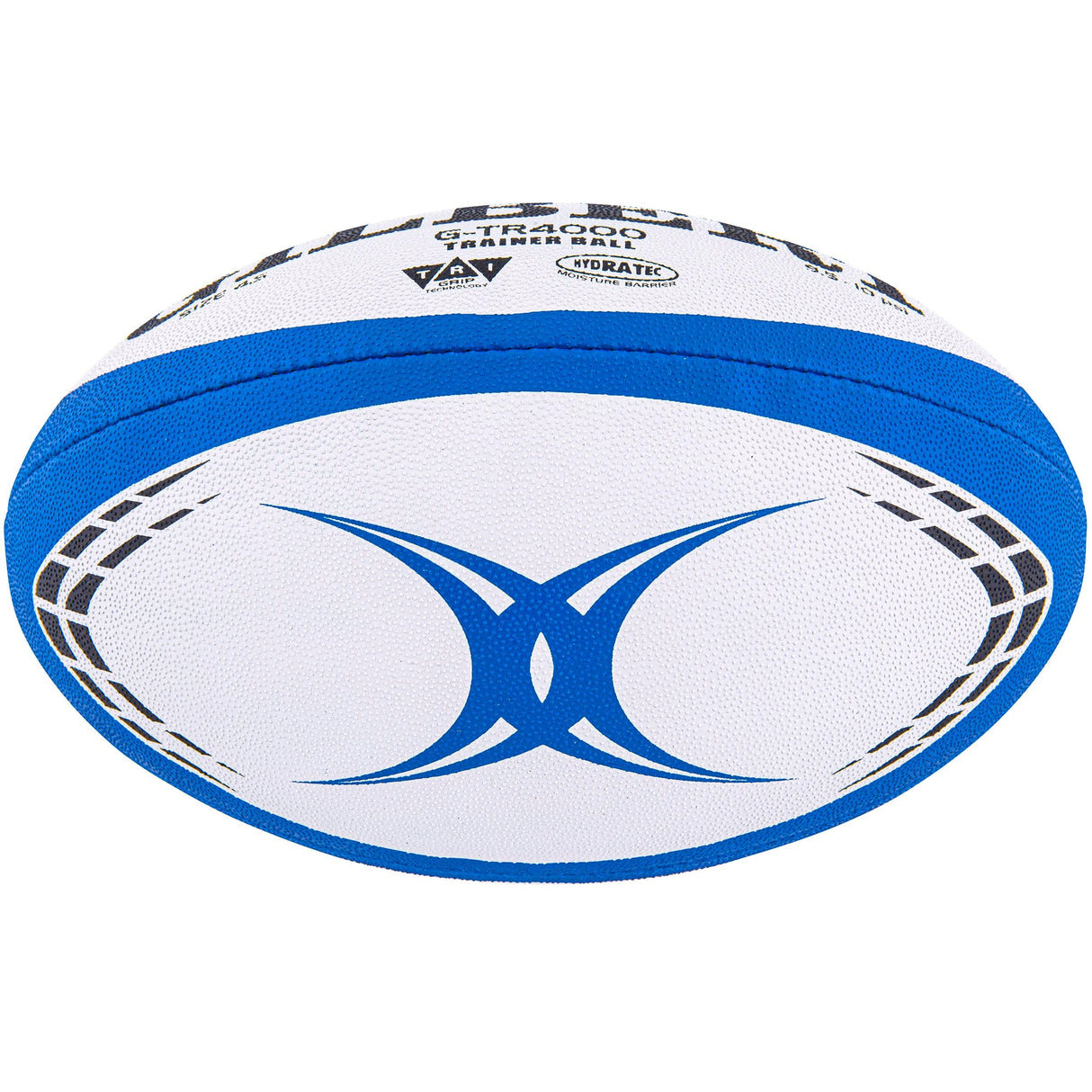 A white and blue rugby ball with a stylized blue "X" logo in the center, black markings on the sides, and advanced grip technology. Perfect for practice sessions, this Gilbert G-TR4000 Training Ball is one of our top training balls.