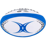 A white and blue rugby ball with a stylized blue "X" logo in the center, black markings on the sides, and advanced grip technology. Perfect for practice sessions, this Gilbert G-TR4000 Training Ball is one of our top training balls.