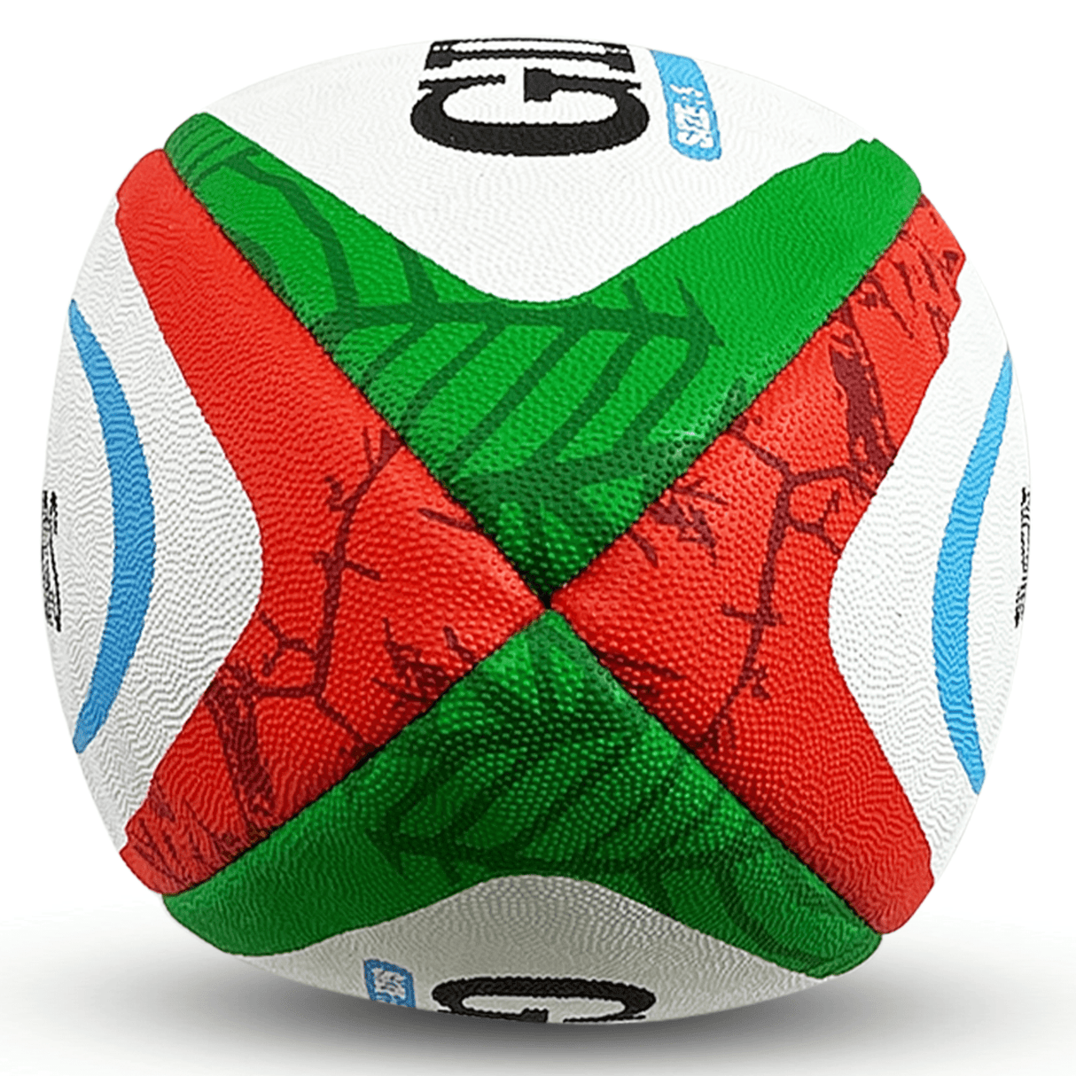 A multicolored stitched Gilbert Super Rugby Americas 24 Replica Ball, prominently featuring red and green panels.