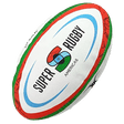 Sentence with replacement: A Gilbert Super Rugby Americas 24 replica ball, tilted, displaying the league's colorful logo.