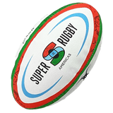 Sentence with replacement: A Gilbert Super Rugby Americas 24 replica ball, tilted, displaying the league's colorful logo.