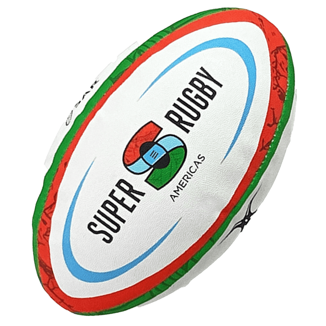 Sentence with replacement: A Gilbert Super Rugby Americas 24 replica ball, tilted, displaying the league's colorful logo.