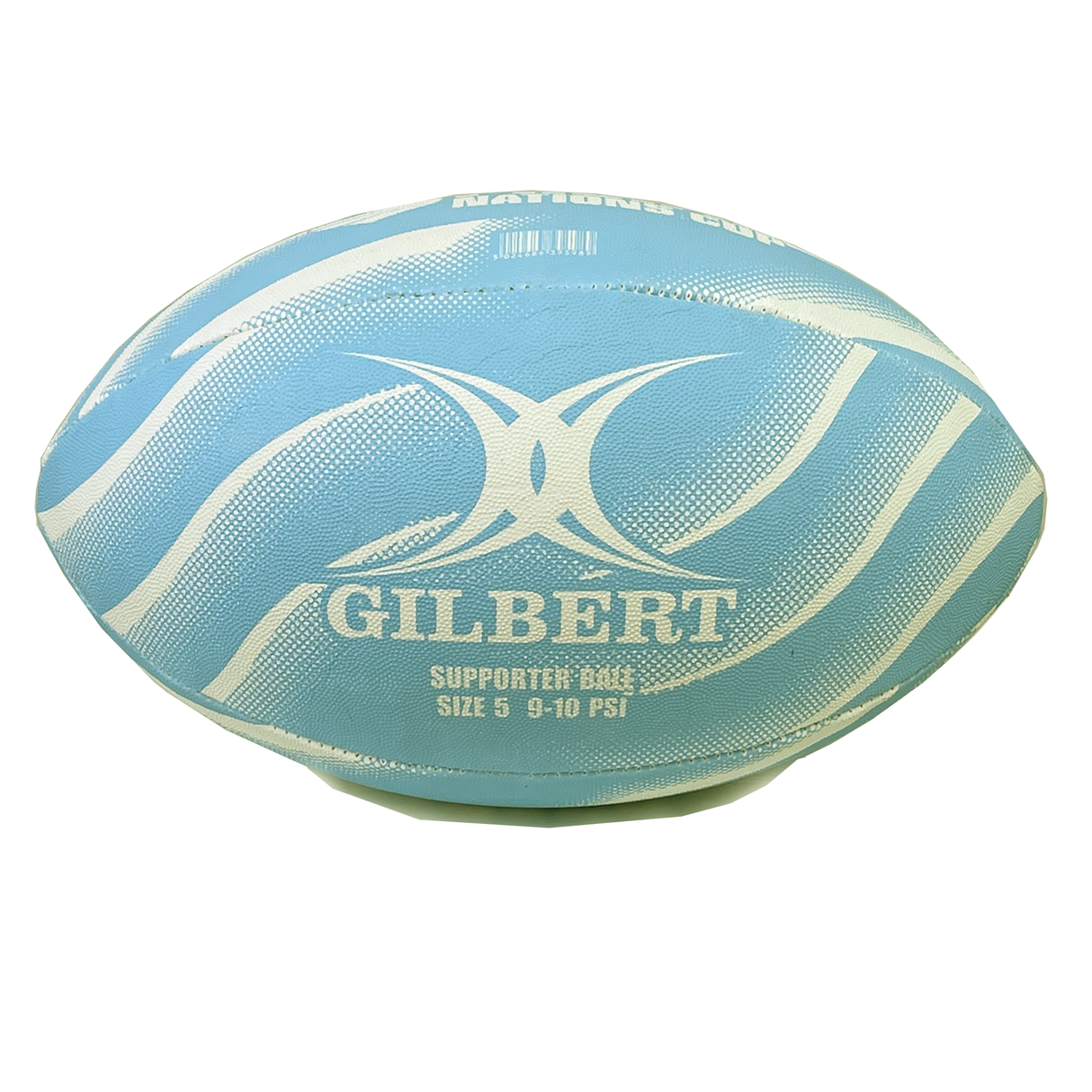 The Blue Pacific Nations Cup Supporters Ball by Gilbert features white wave patterns and text, comes in a size 5, with an optimal pressure range of 9-10 PSI. Ideal for fans of the Pacific Nations Cup.