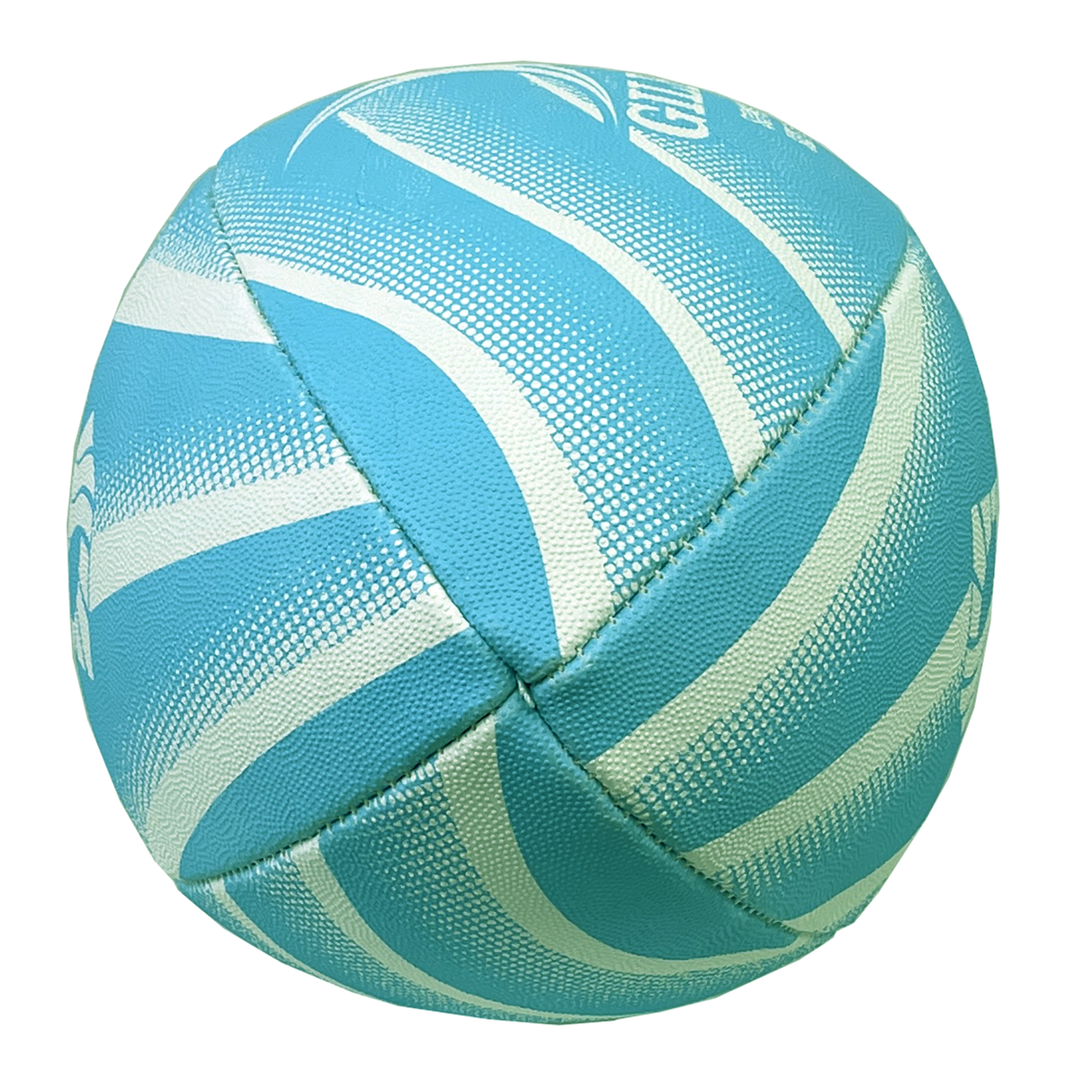 A blue and white volleyball featuring curved white patterns and stitched panels, resembling the Pacific Nations Cup Supporters Ball by Gilbert.