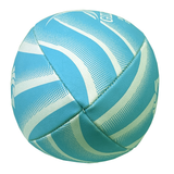 A blue and white volleyball featuring curved white patterns and stitched panels, resembling the Pacific Nations Cup Supporters Ball by Gilbert.