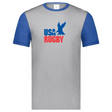 Grey ringer t-shirt with royal blue collar and sleeves and a vintage USA Rugby blue and red logo that incorporates an Eagle and 'USA Rugby' inscription.