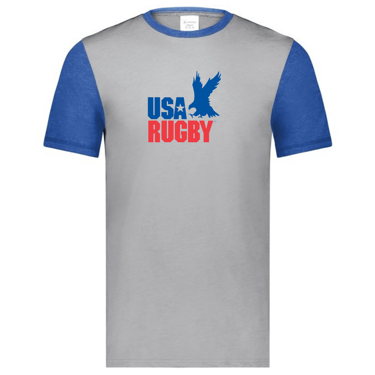 Grey ringer t-shirt with royal blue collar and sleeves and a vintage USA Rugby blue and red logo that incorporates an Eagle and 'USA Rugby' inscription.