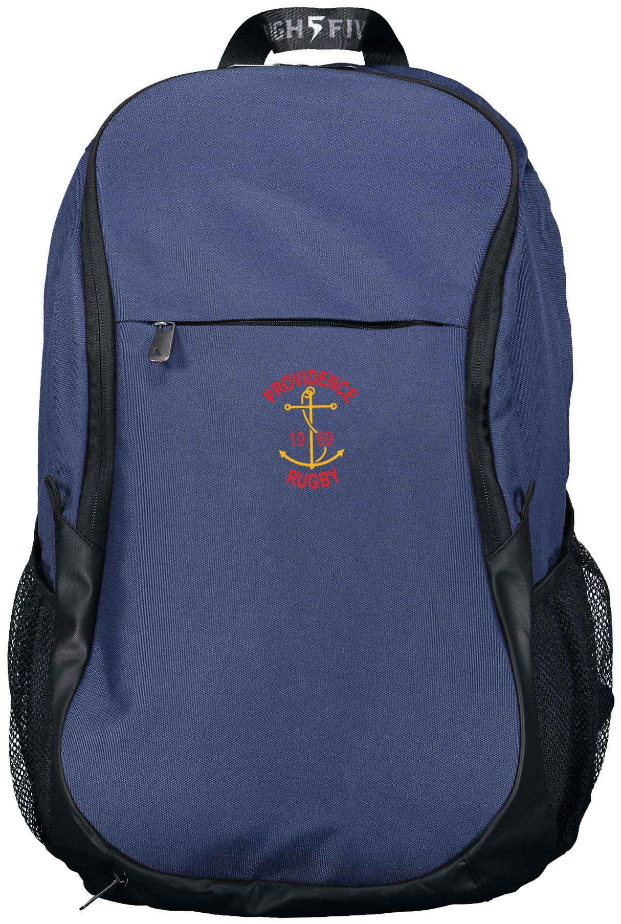 A Rhode Island Rugby Club Free Form Rugby Backpack with an anchor embroidered on it, sold by WRS Augusta.