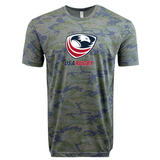 A USA Rugby Camo Edition Crest Logo Supersoft Tee with the brand name WRS LAT and the USA flag on it.