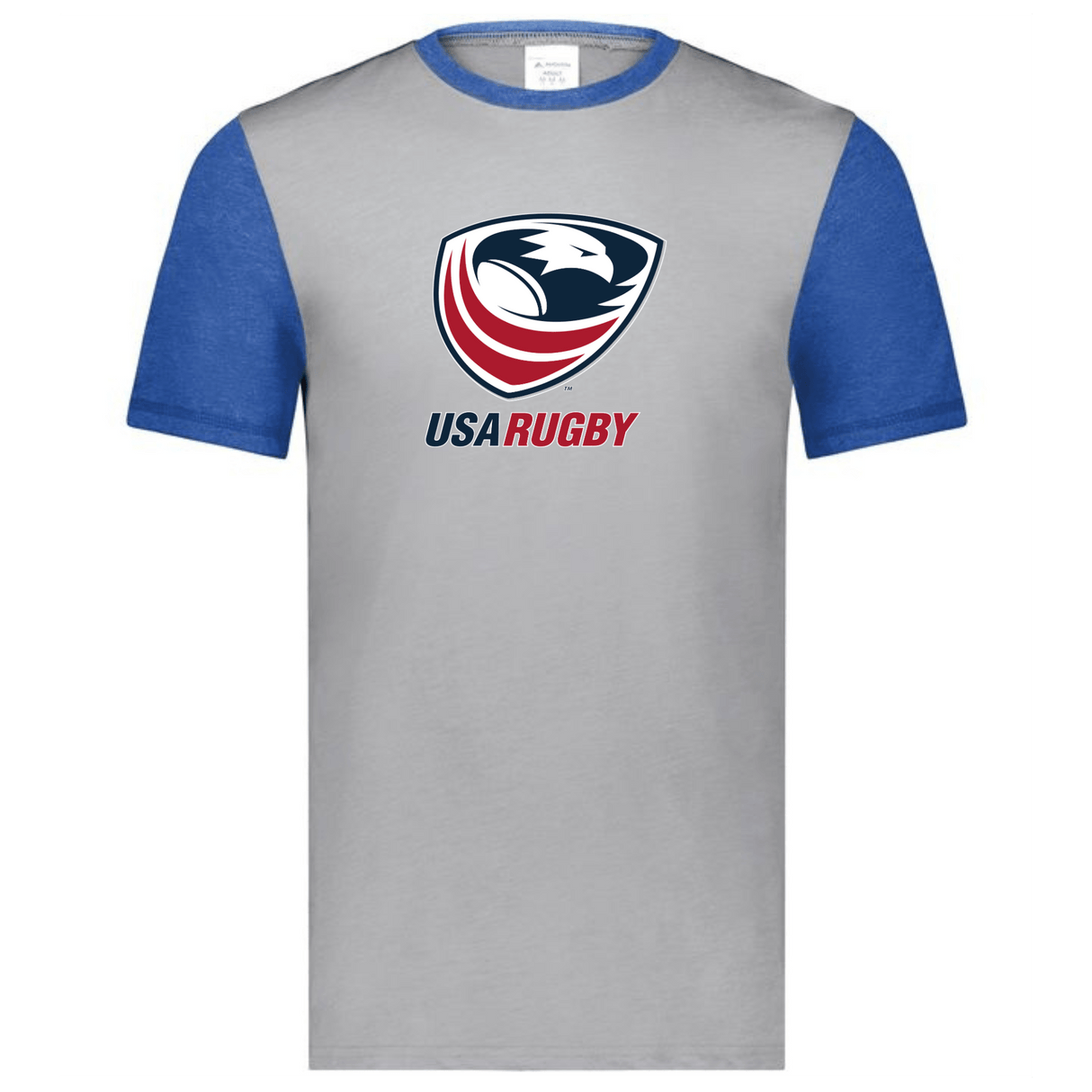 A grey and royal blue USA Rugby Crest Gameday Ringer Tee.