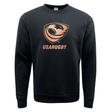 The USA Rugby Bronze Fleece Crewneck Sweatshirt by WRS Augusta features a black design with an eagle’s head, a rugby ball, and the text "USA Rugby" in vibrant orange.