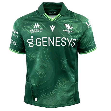 The Connacht Rugby 24/25 Home Jersey by Macron is made from environmentally conscious materials and highlights a chic contour line design. It prominently displays the "GENESYS" sponsor logo, the Connacht team emblem, and the signature Macron Hero badge.