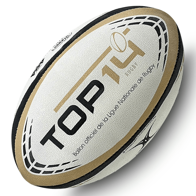 Rugby "Top 14 G-TR4000" replica ball with Gilbert branding and grip on a white background.