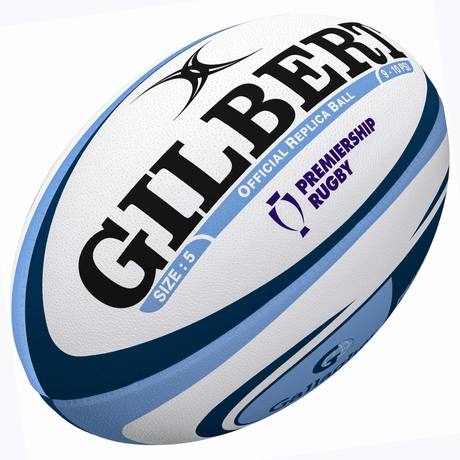 A Gallagher Premiership Replica Ball by Gilbert featuring the word Gilbert prominently displayed on its surface.