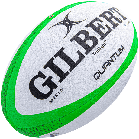 A green and white Gilbert Quantum Sevens Match Ball with the word "Gilbert" on it is the perfect choice for enthusiasts of Sevens Rugby.