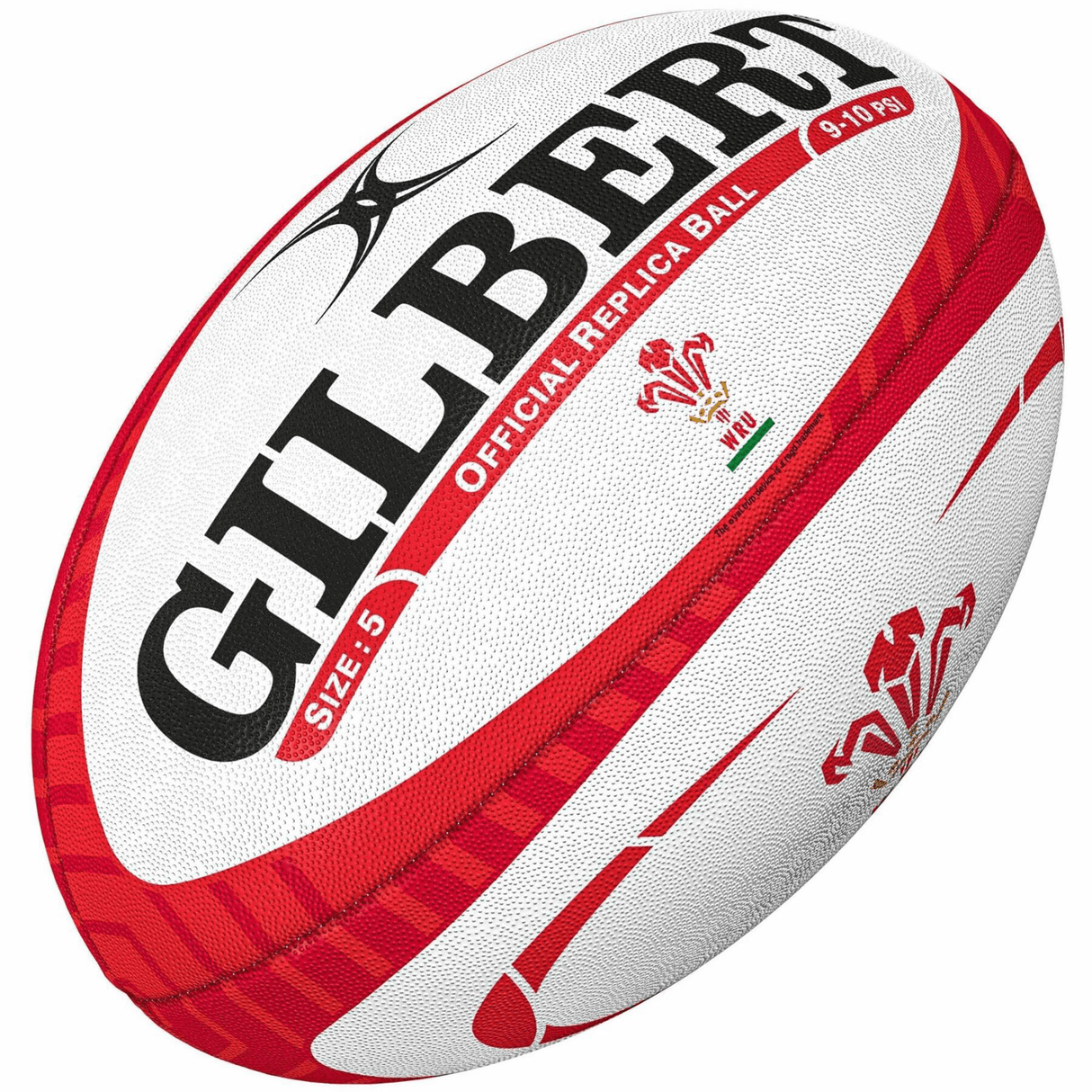 A Gilbert Wales Rugby Union Replica Ball with red and white design elements, ideal for any rugby enthusiast.