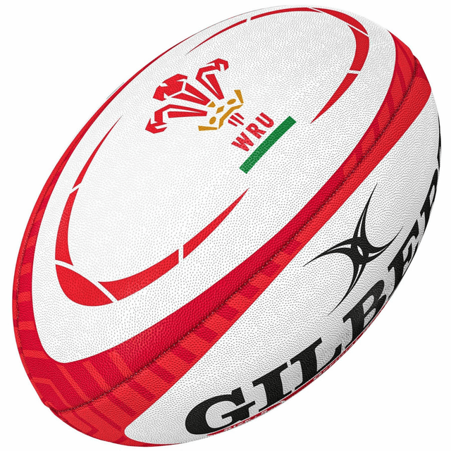 A Gilbert Wales Rugby Union replica rugby ball featuring the logo of the Welsh Rugby Union and the brand name Gilbert.