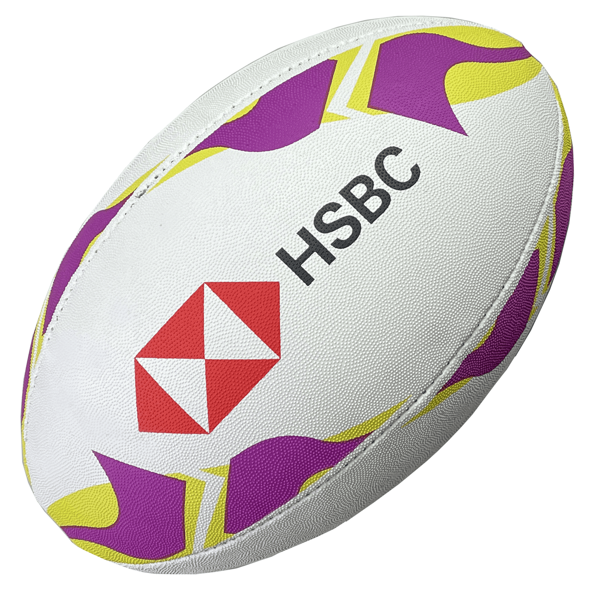 A white HSBC SVNS Replica Ball 24 by Gilbert with purple and yellow patterns, featuring the logo and name of HSBC Sevens.