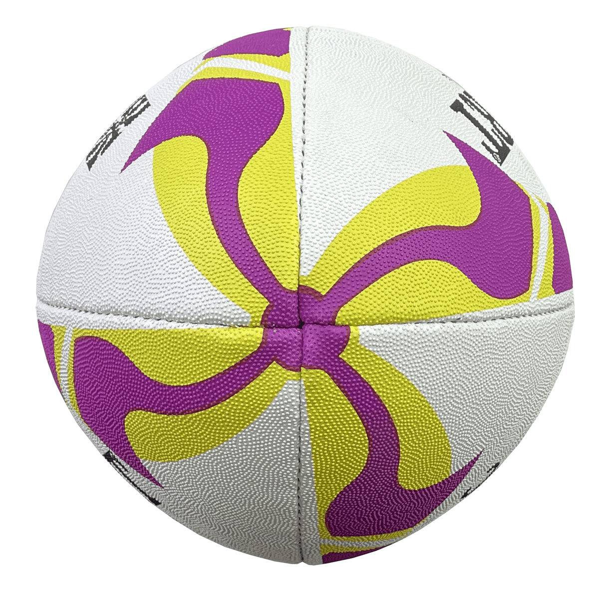 A close-up image of a white rugby ball with purple and yellow swirl patterns, modeled after the HSBC SVNS Replica Ball 24 by Gilbert.