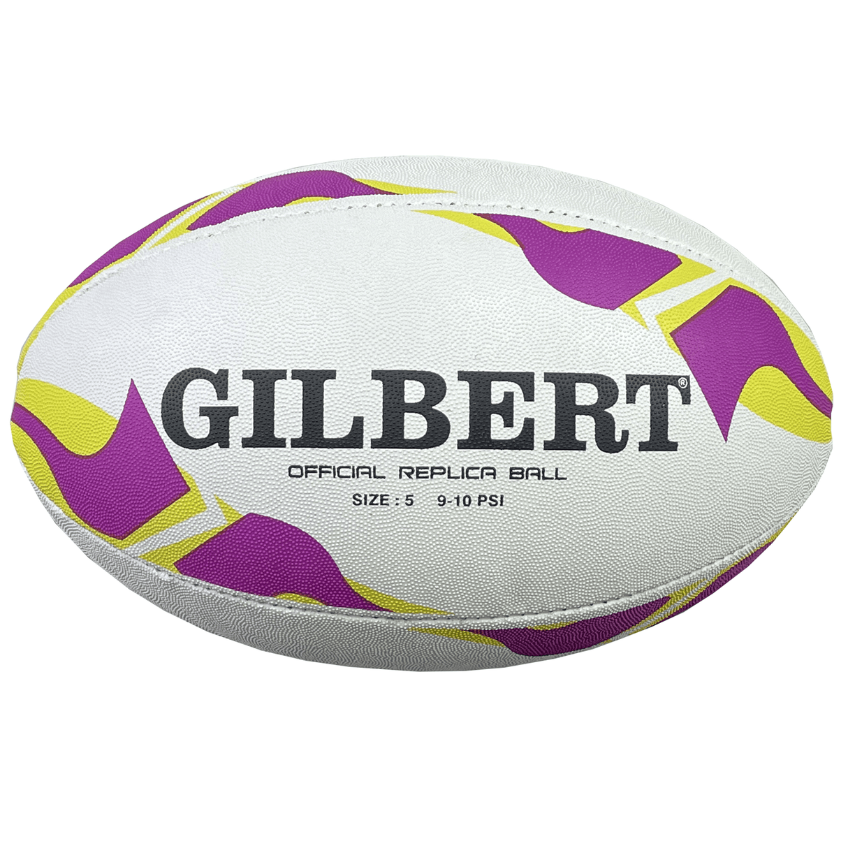 A white HSBC SVNS Replica Ball 24 by Gilbert rugby ball with purple and yellow patterns, branded "Gilbert," labeled as an "OFFICIAL REPLICA BALL" size 5 and PSI 9-10. Featuring a synthetic latex bladder, it's designed for optimal performance.